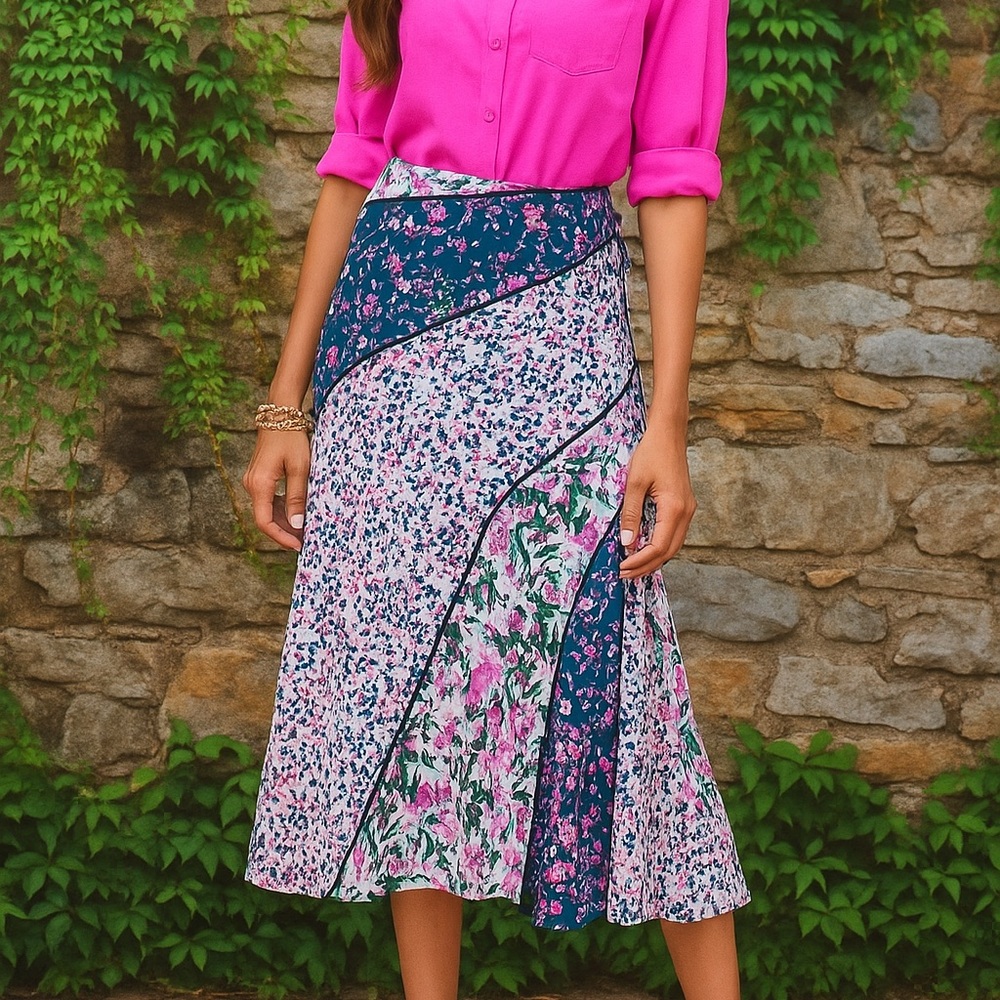 NWT DIANE VON FURSTENBERG Mariel Heal Bias Cut Small Bloom Patterned Skirt, XS